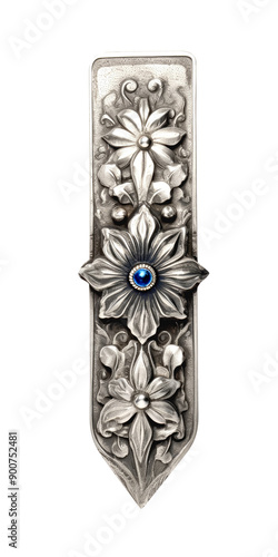 Vintage Silver Mezuzah with flower and letter shin, beautiful antique floral design, Judaism religious item, isolated on white background photo