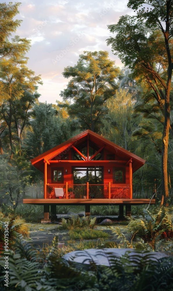 A cozy red cabin nestled amongst lush greenery in a serene forest setting during golden hour A cozy red cabin nestled amongst lush greenery in a serene forest setting during golden hour