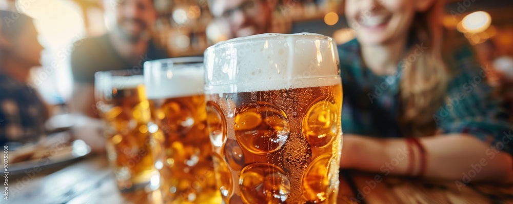 Friends laughing and enjoying each other's company over Bavarian beers. Friends laughing and enjoying each other's company over Bavarian beers.