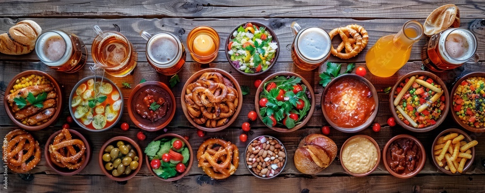 Rustic wooden table set with traditional Bavarian dishes, beer steins, and pretzels at Oktoberfest. Rustic wooden table set with traditional Bavarian dishes, beer steins, and pretzels at Oktoberfest.