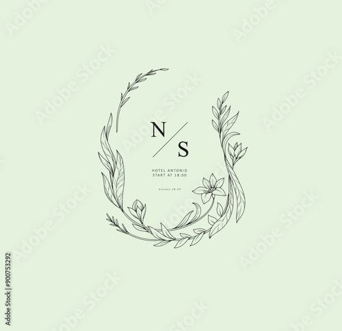 Elegant calligraphic botanical wreath, floral frame and graceful branches. Wedding wildflowers for invitation save the date card. Botanical feminine rustic vector illustration
