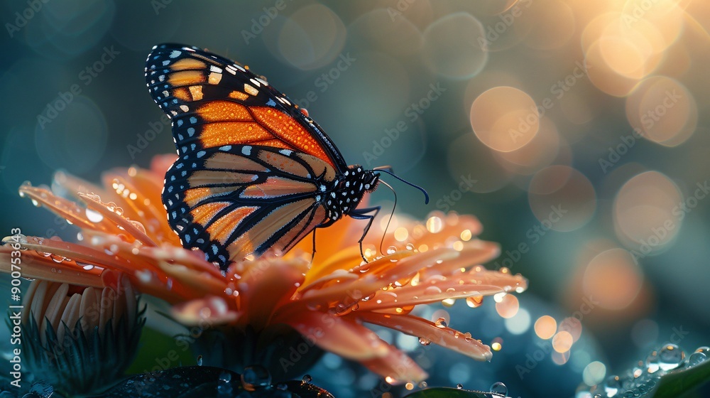 Golden hour butterfly on a vibrant flower, mist on leaves, tech and nature's unity Golden hour butterfly on a vibrant flower, mist on leaves, tech and nature's unity
