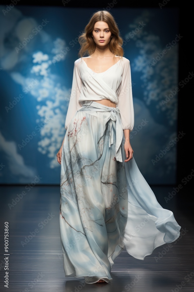Model walks fashion week catwalk runway show, casual flowing outfit with white top and free trousers Model walks fashion week catwalk runway show, casual flowing outfit with white top and free trousers