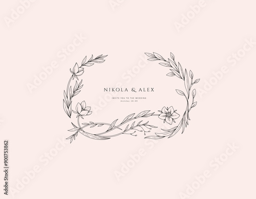 Elegant calligraphic botanical wreath, floral frame and graceful branches. Wedding wildflowers for invitation save the date card. Botanical feminine rustic vector illustration