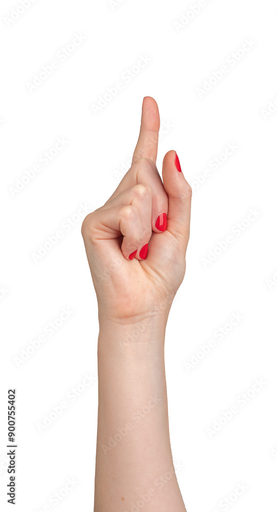 Finger pointing to indicate direction up. Female hand with red nail varnish, outstretched and showing gesture. right index finger expressing movement, isolated on white background.., transparent PNG Finger pointing to indicate direction up. Female hand with red nail varnish, outstretched and showing gesture. right index finger expressing movement, isolated on white background.., transparent PNG