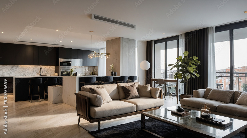 Fototapeta premium Modern living room with large windows, comfortable seating, and stylish decor in neutral color scheme.