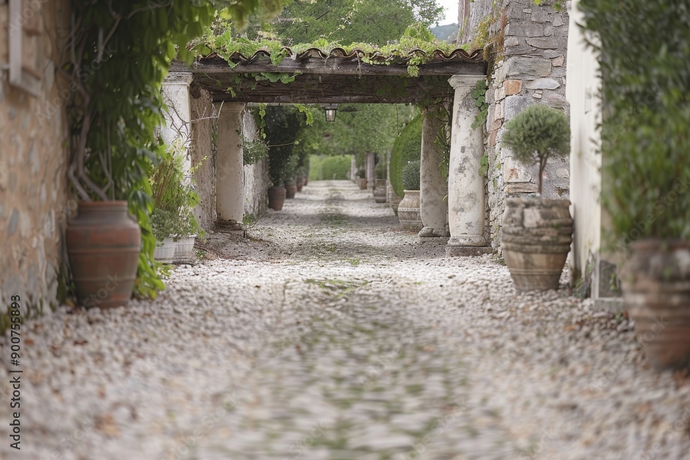 Naklejka premium Elegant garden pathway with a stone pergola and lush greenery, captured in soft daylight, showcasing the serene atmosphere and inviting setting.