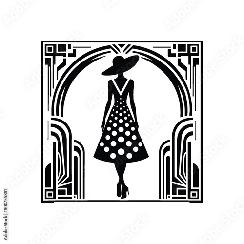 woman wearing retro fashion polka dot midi dress with a wide brimmed hat
