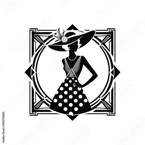 woman wearing retro fashion polka dot midi dress with a wide brimmed hat