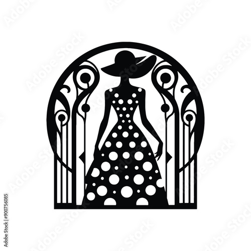 woman wearing retro fashion polka dot midi dress with a wide brimmed hat