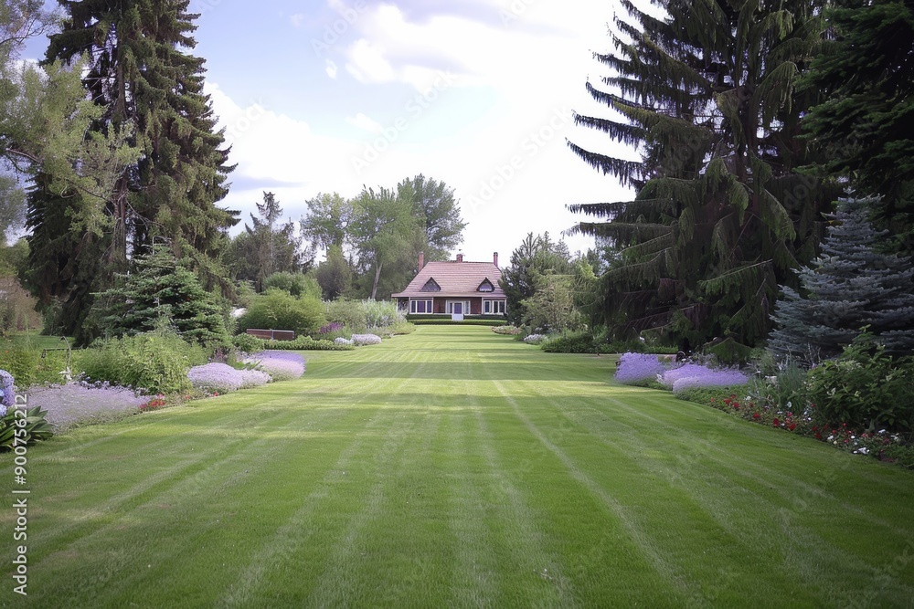 Fototapeta premium Expansive lawn with neatly trimmed grass and a variety of trees, captured in bright daylight, showcasing the open space and serene atmosphere.