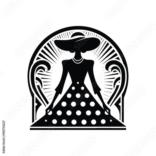 woman wearing retro fashion polka dot midi dress with a wide brimmed hat