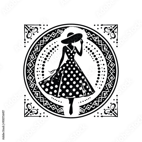woman wearing retro fashion polka dot midi dress with a wide brimmed hat