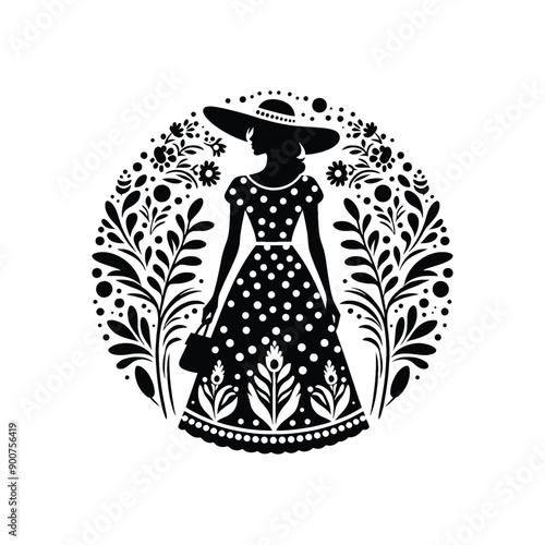 woman wearing retro fashion polka dot midi dress with a wide brimmed hat