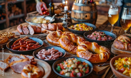 Wooden table spread with pretzels, sausages, and beer at the Oktoberfest festival. photo