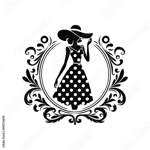 woman wearing retro fashion polka dot midi dress with a wide brimmed hat