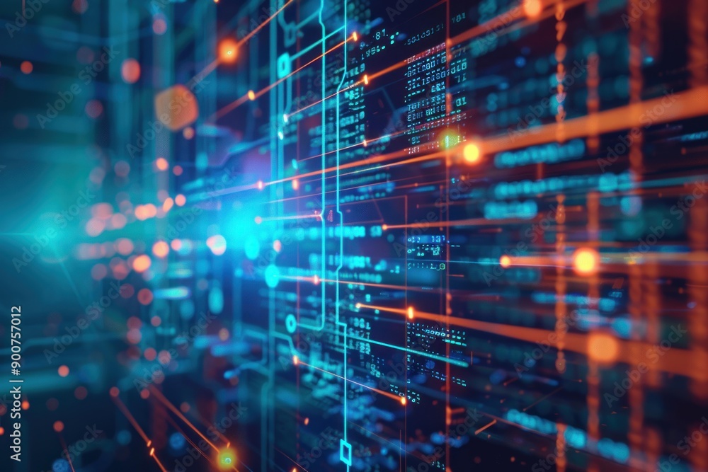 Vibrant image depicting a complex digital network with glowing lines and data blocks Vibrant image depicting a complex digital network with glowing lines and data blocks