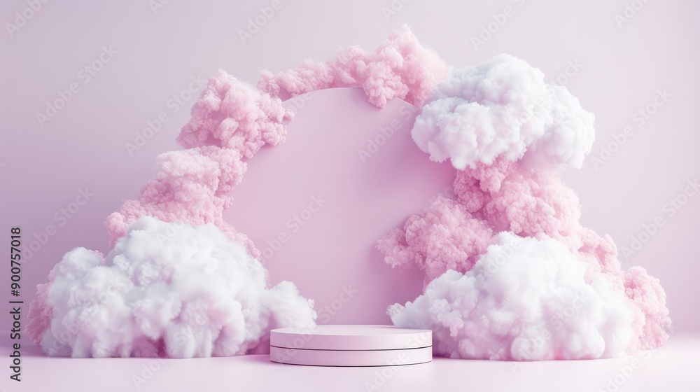 Fototapeta premium A pink cloud filled with white clouds with a white circle in the middle