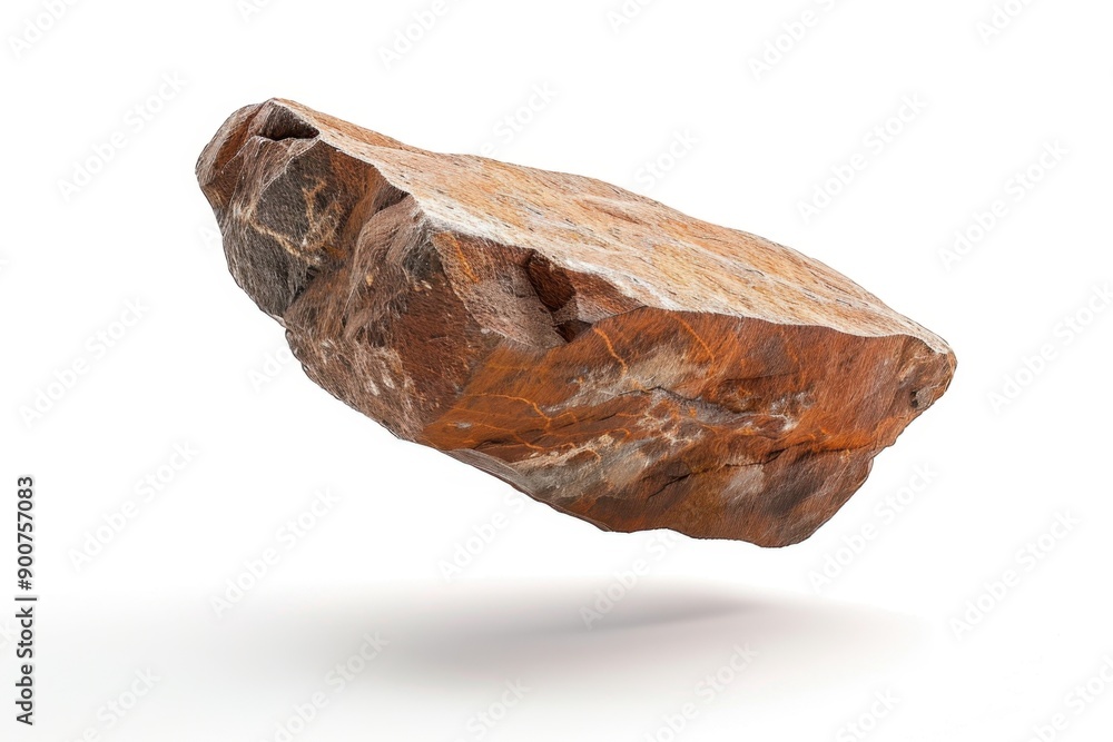 A brown rock suspended in mid-air against a white backdrop.
A brown rock suspended in mid-air against a white backdrop.