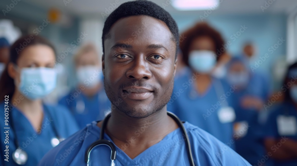 Fototapeta premium A man in scrubs standing next to a group of people. AI.
