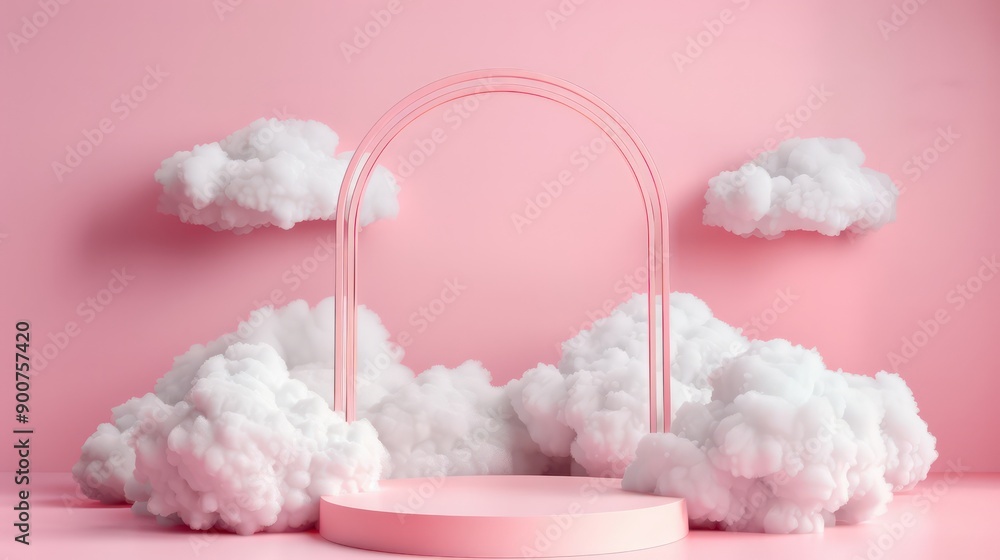 A pink background with clouds and a pink archway A pink background with clouds and a pink archway