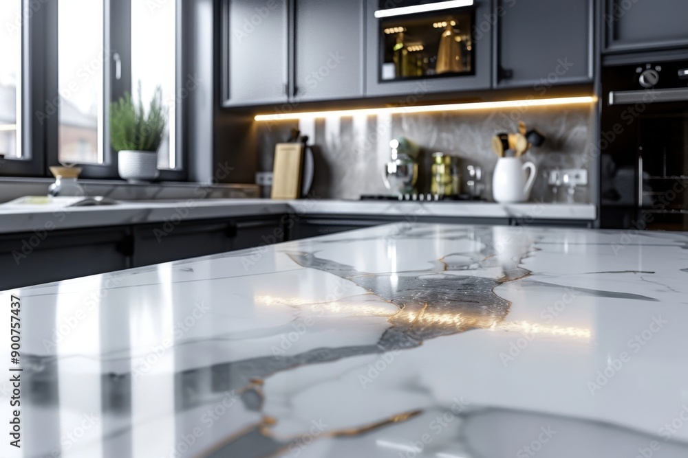 An elegant marble countertop in a modern kitchen setting. The sleek surface reflects soft light, showcasing the luxurious textures and clean lines of contemporary interior design.
An elegant marble countertop in a modern kitchen setting. The sleek surface reflects soft light, showcasing the luxurious textures and clean lines of contemporary interior design.