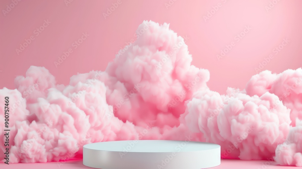 A white and pink cloud formation with a white pedestal in the middle. The cloud formation is pink and fluffy, giving off a whimsical and playful vibe. The pedestal is white A white and pink cloud formation with a white pedestal in the middle. The cloud formation is pink and fluffy, giving off a whimsical and playful vibe. The pedestal is white