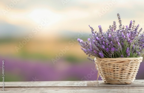 Lavender Bouquet in a Basket on a Wooden Table