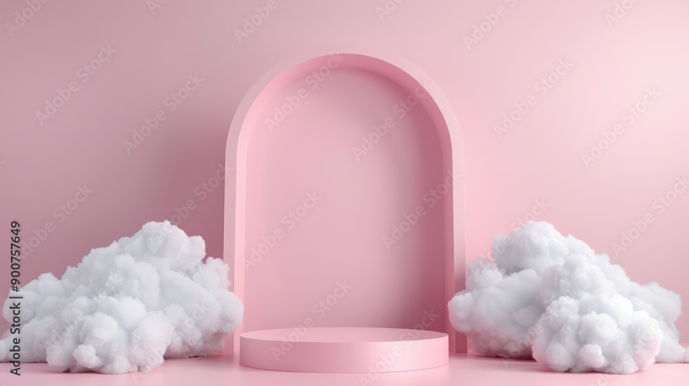 A pink archway with clouds in the background. The clouds are fluffy and white, creating a dreamy and whimsical atmosphere A pink archway with clouds in the background. The clouds are fluffy and white, creating a dreamy and whimsical atmosphere