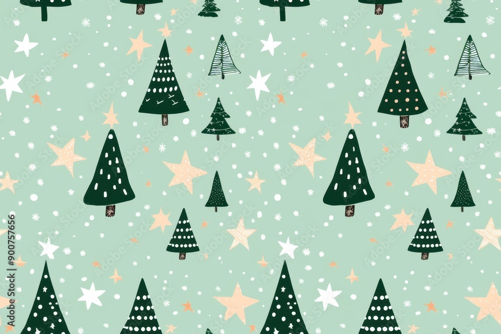 Obraz premium Geometric Christmas tree pattern made of simple shapes and stars on a light green background
