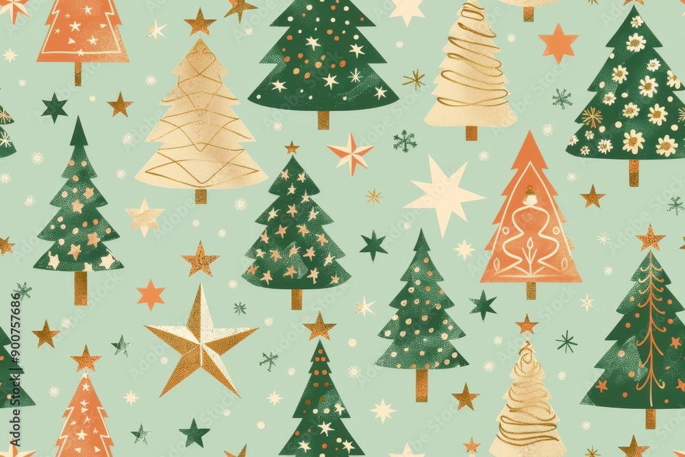Geometric Christmas tree pattern made of simple shapes and stars on a light green background Geometric Christmas tree pattern made of simple shapes and stars on a light green background