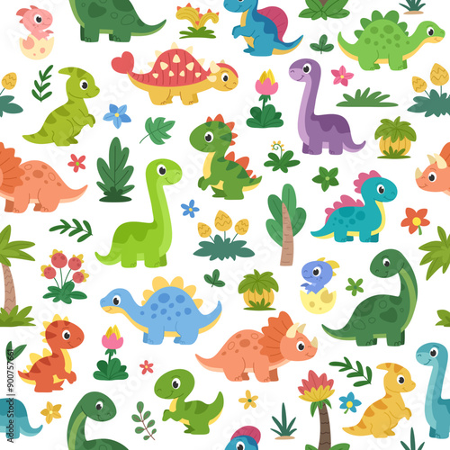Cartoon dinosaurs seamless pattern. Cute children dinosaurs and prehistorical plants background. For fabric, package and other.