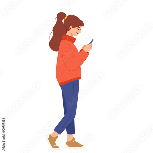 Young woman chatting at mobile phone on go. Person walking with smartphone in hand outdoors. Girl strolling and surfing internet. Cellphone user on street. Flat vector illustration isolated on white