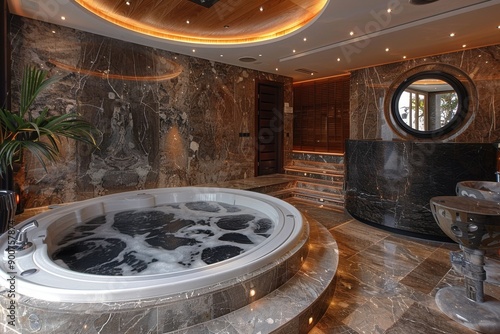 A luxurious interior featuring a marble jacuzzi, marble walls, and a marble floor. A sleek reception desk complements the style, creating an amazing and cohesive design.









