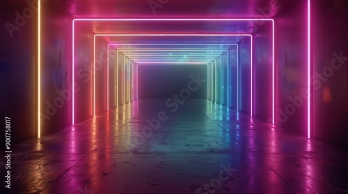 A long, colorful tunnel with neon lights. The tunnel is dark and empty. The lights are bright and colorful, creating a sense of excitement and energy. The tunnel seems to be a part of a larger space © Dumrongkait