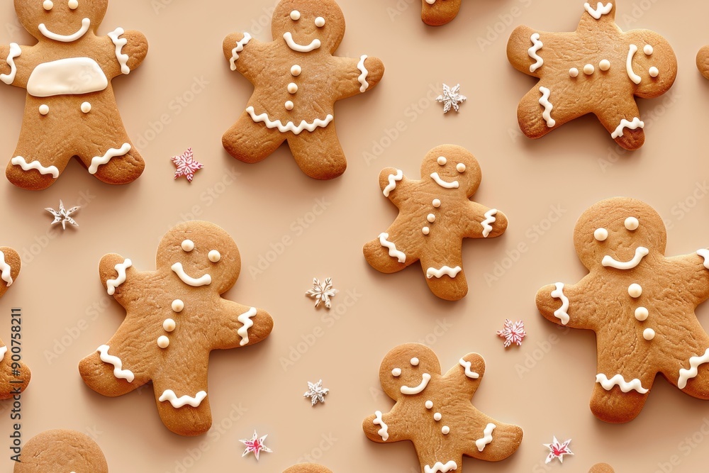 Minimalist gingerbread man pattern with icing decorations on a light brown background Minimalist gingerbread man pattern with icing decorations on a light brown background