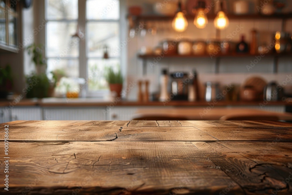 A rustic wooden table in the foreground with a blurred modern kitchen backdrop. Warm ambient lighting highlights the table's texture, creating an inviting home cooking atmosphere with a subtle depth o A rustic wooden table in the foreground with a blurred modern kitchen backdrop. Warm ambient lighting highlights the table's texture, creating an inviting home cooking atmosphere with a subtle depth o