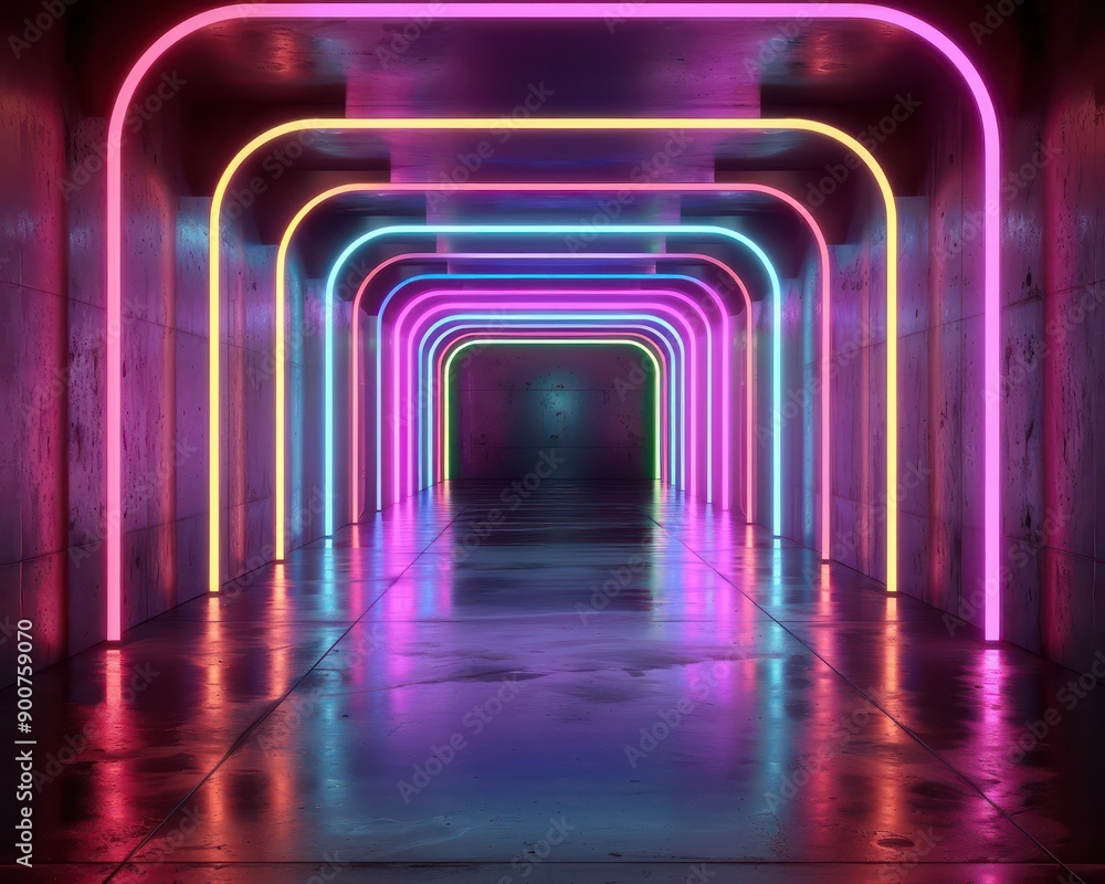 A neon tunnel with neon lights in it. The tunnel is long and narrow. The lights are in different colors and are arranged in a way that they create a sense of depth and movement A neon tunnel with neon lights in it. The tunnel is long and narrow. The lights are in different colors and are arranged in a way that they create a sense of depth and movement