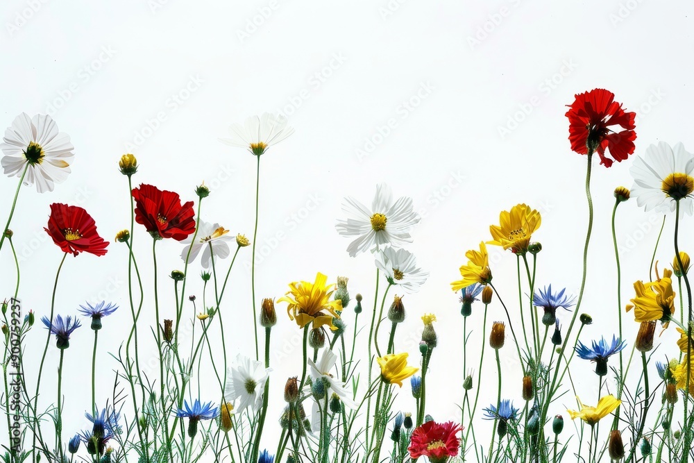 Fototapeta premium Beautiful wildflower meadow with a mix of colorful blooms, captured in bright daylight, showcasing the vibrant colors and lush greenery.