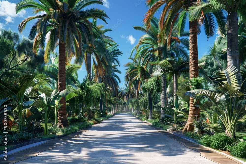 Vibrant tropical garden with palm trees and lush greenery, captured in bright daylight, showcasing the serene atmosphere and vibrant colors. Vibrant tropical garden with palm trees and lush greenery, captured in bright daylight, showcasing the serene atmosphere and vibrant colors.