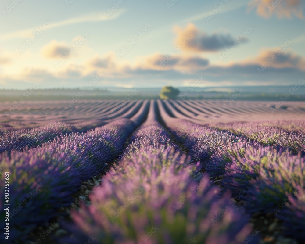 Rows of lavender flowers in a field at sunset. AI. Rows of lavender flowers in a field at sunset. AI.