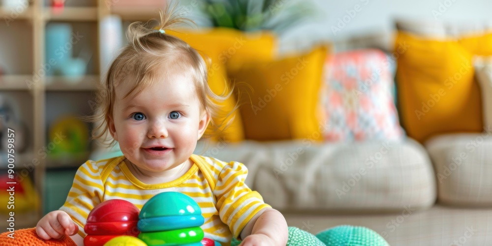 Obraz premium A happy baby plays with a colorful toy. AI.