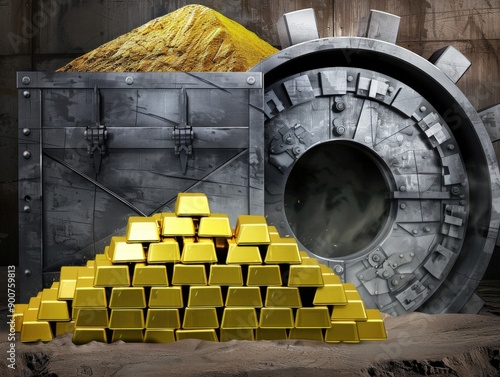 Treasure trove of gold bars stored securely in a vault representing wealth and financial security