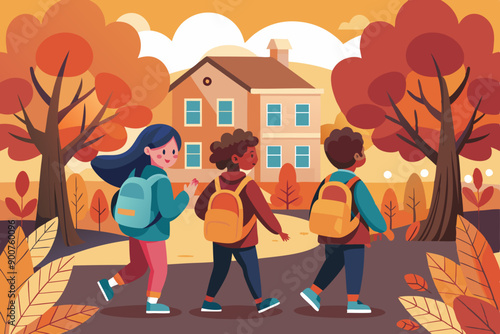 Children Walking to School with Backpacks and Falling Leaves. Children walking to school with backpacks, surrounded by autumn leaves.