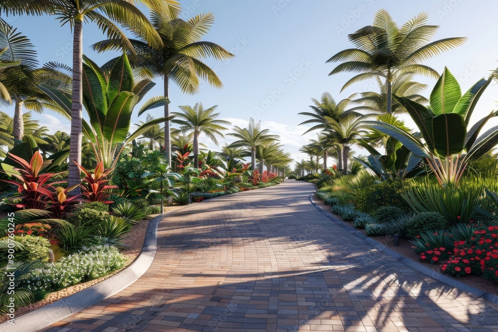 Obraz premium Tropical resort entrance with palm trees and colorful flowers, paved driveway leading to the main building