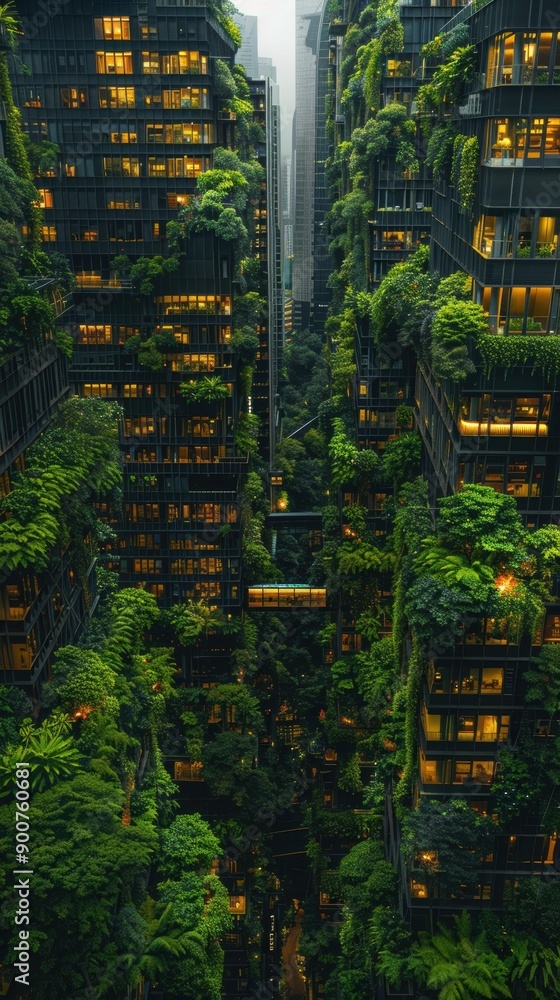Obraz premium Buildings covered in lush greenery. AI.