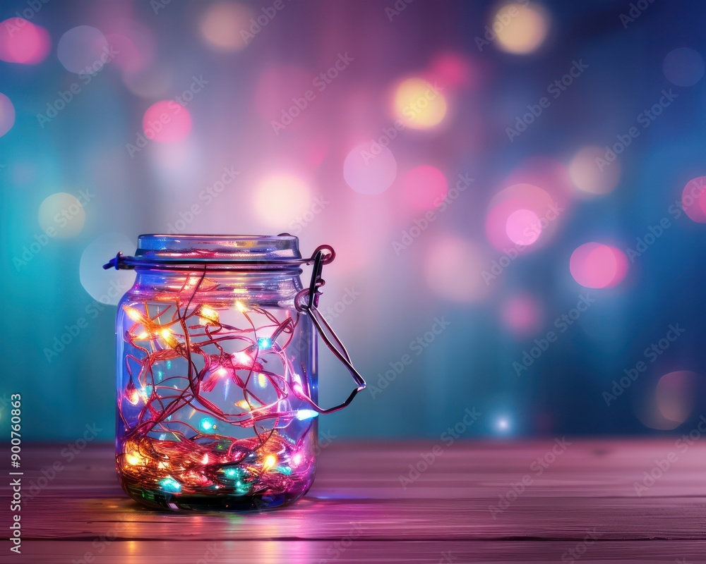 A jar filled with colorful lights is sitting on a wooden table. The lights are twinkling and creating a warm, cozy atmosphere. The jar is the center of attention, drawing the viewer's eye A jar filled with colorful lights is sitting on a wooden table. The lights are twinkling and creating a warm, cozy atmosphere. The jar is the center of attention, drawing the viewer's eye