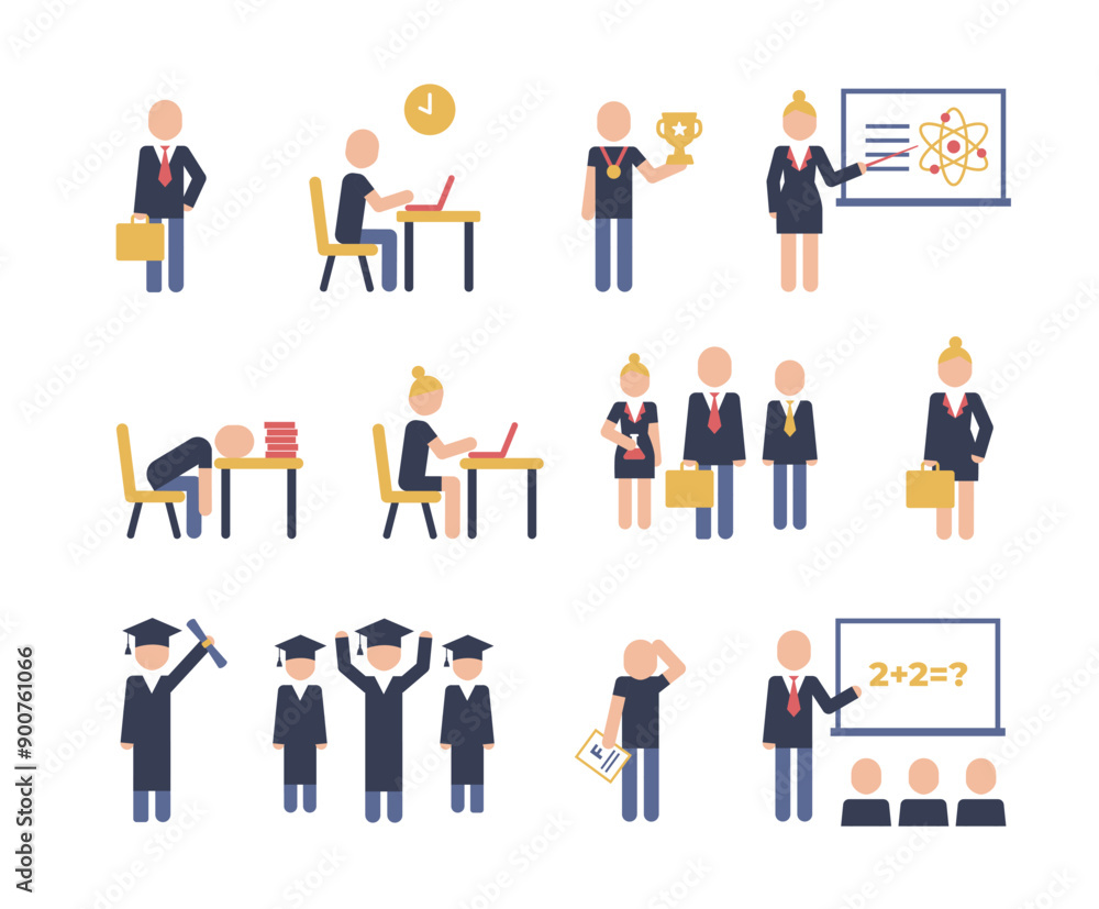 Set of colored pictograms education concept. Characters of teacher, lecturer, lecture, learning. Flat design for web pages. Set of colored pictograms education concept. Characters of teacher, lecturer, lecture, learning. Flat design for web pages.
