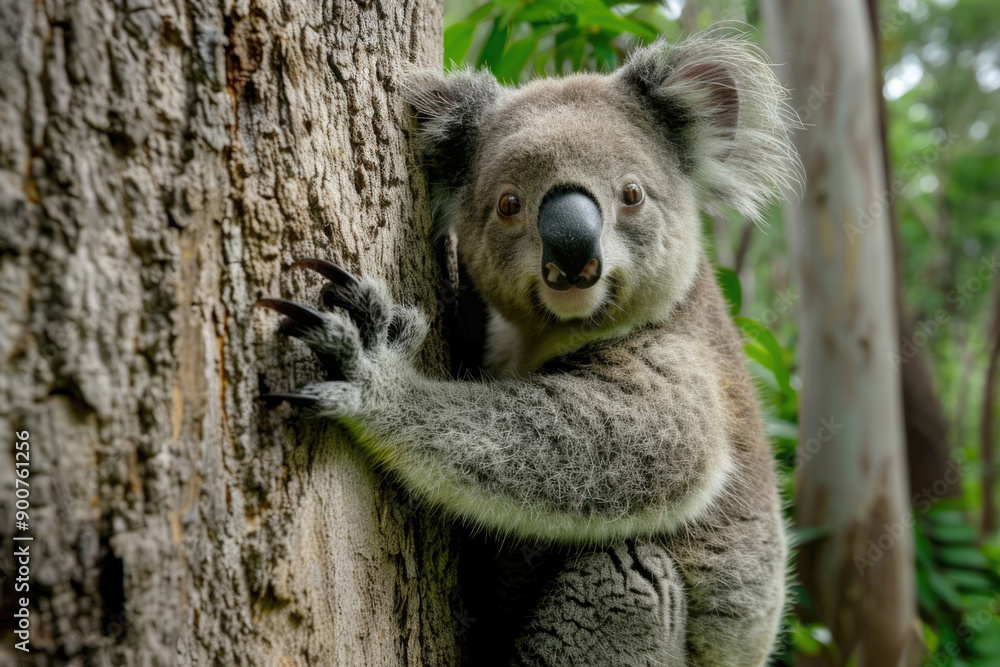 Naklejka premium A playful koala clings to a tree, looking at the camera.