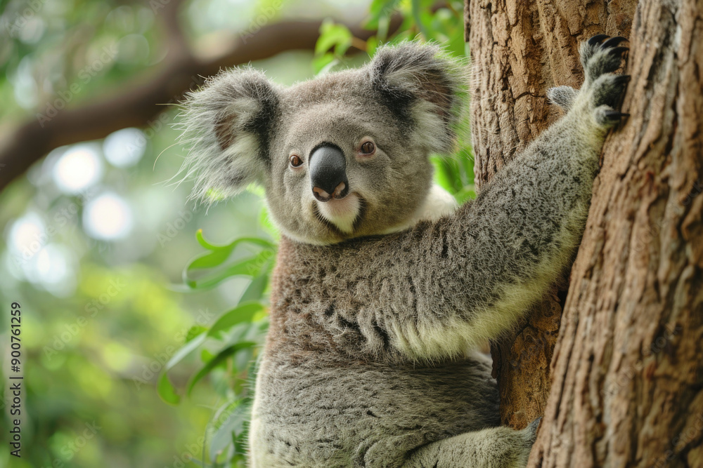 Obraz premium A playful koala clings to a tree, looking at the camera.